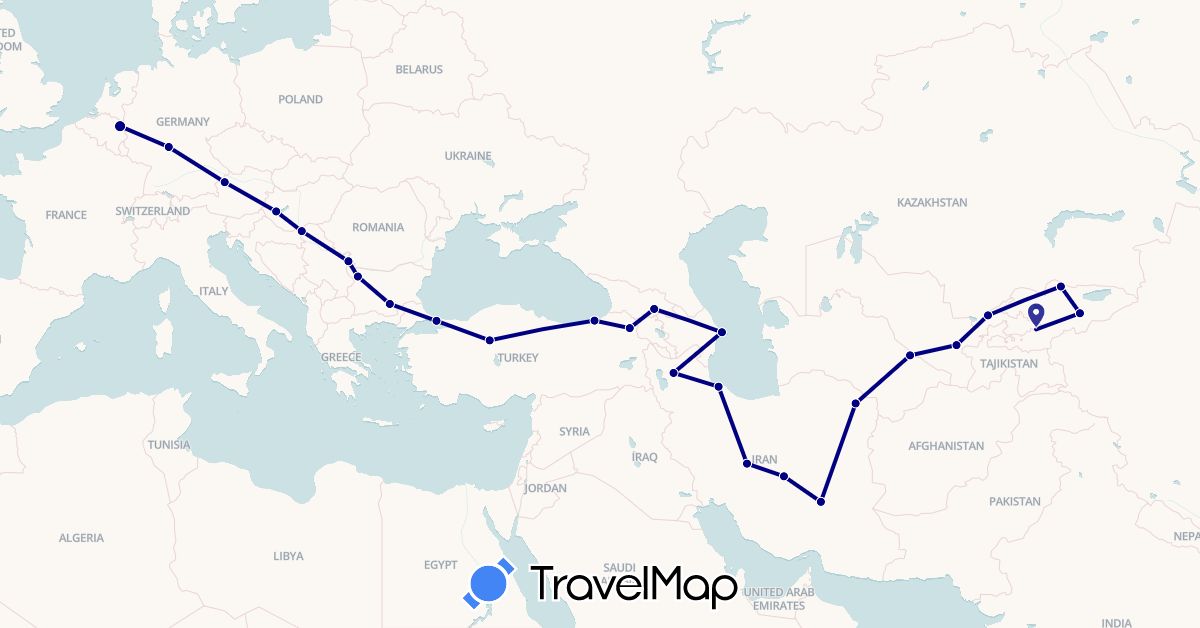 TravelMap itinerary: driving in Austria, Azerbaijan, Bulgaria, Germany, Georgia, Hungary, Iran, Kyrgyzstan, Netherlands, Serbia, Turkmenistan, Turkey, Uzbekistan (Asia, Europe)